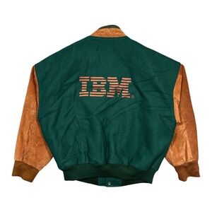 Vintage 90s IBM Suede Leather Wool Green Brown Bomber Jacket Mens XL
